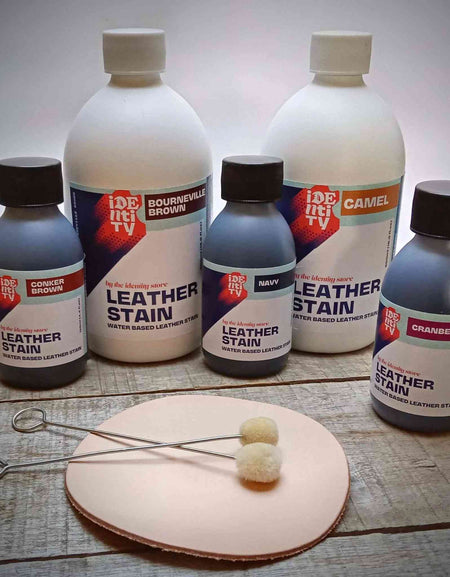 Identity store own brand water based stain colours for dyeing leather, work for both colouring veg tan and chrome leathers