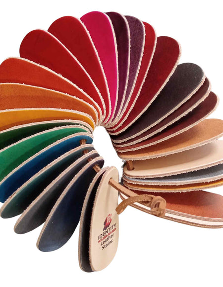 Photo to show leather swatches with each of the Identity colour stains, fanned out to show the colour range