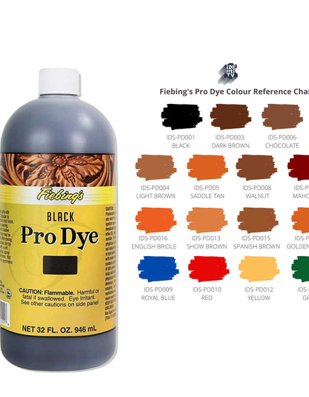 Fiebings Pro Leather Dye in large bottles with colour reference chart, penetrating solvent based dye for leatherwork