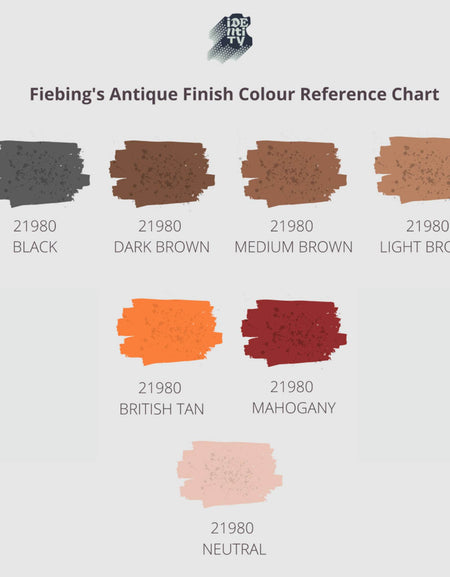 Colour chart showing the Fiebing's antigue finish for leather tooling and carving to highlight areas