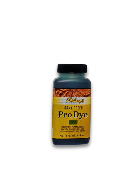 Bottle of Pro Dye for leather with Army Green label on a white background