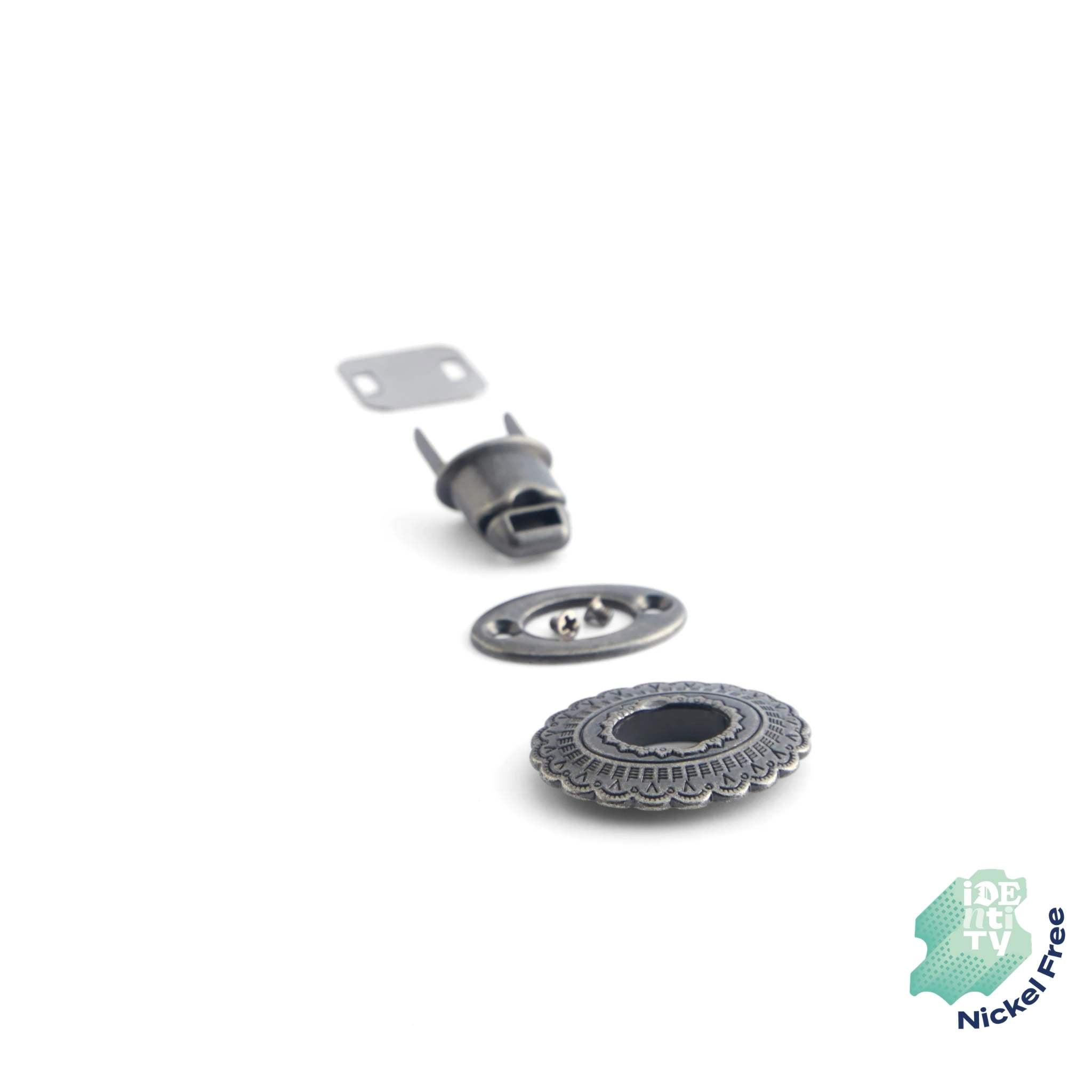 Antiqued Metal with attractive detailing bag lock clasp in two size options. Nickel Free