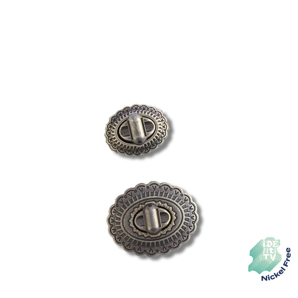 Antiqued Metal with attractive detailing bag lock clasp in two size options. Nickel Free