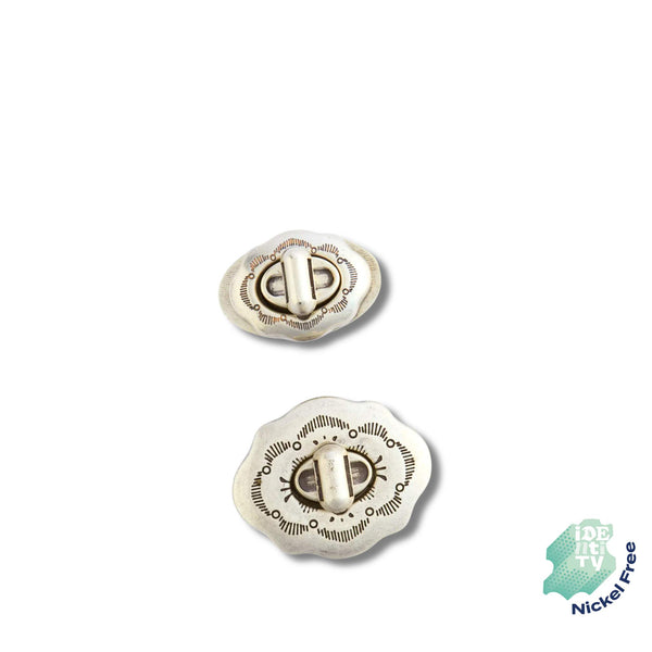 Engraved silver colour bag clasp with attractive detailing bag lock clasp in two size options. Nickel Free