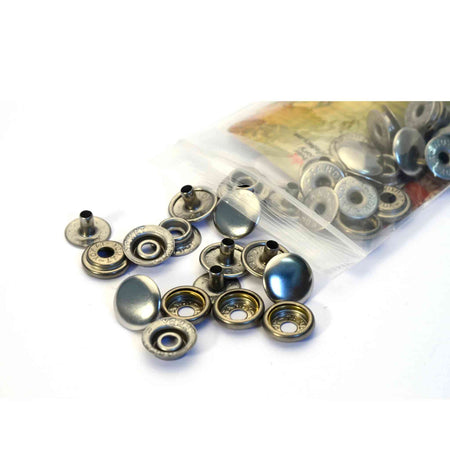 Line 24 Press studs, also known as snaps or poppers for strong firm fixings onto thicker leather that can be opened and closed. Ideal for belt making, bags, collars.