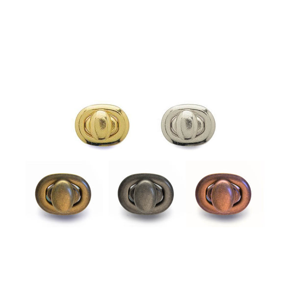 Small oval turn lock clasp in a choice of finishes for leather bag making, fastening closing bags or pouches, nickel free.