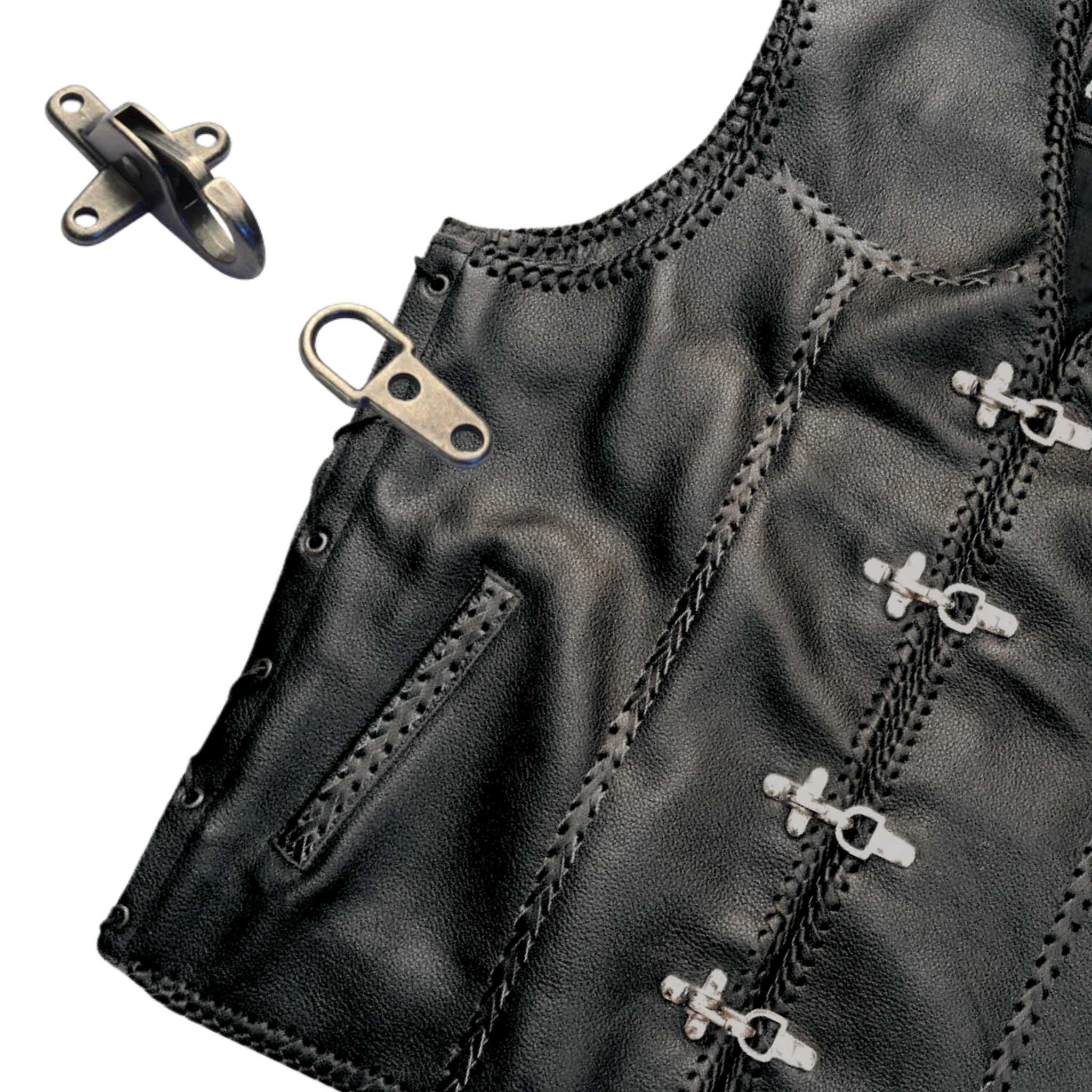 Hook and clip fastening on a black leather biker jacket - buy clips from Identity Leathercraft