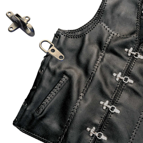 Load image into Gallery viewer, Hook and clip fastening on a black leather biker jacket - buy clips from Identity Leathercraft
