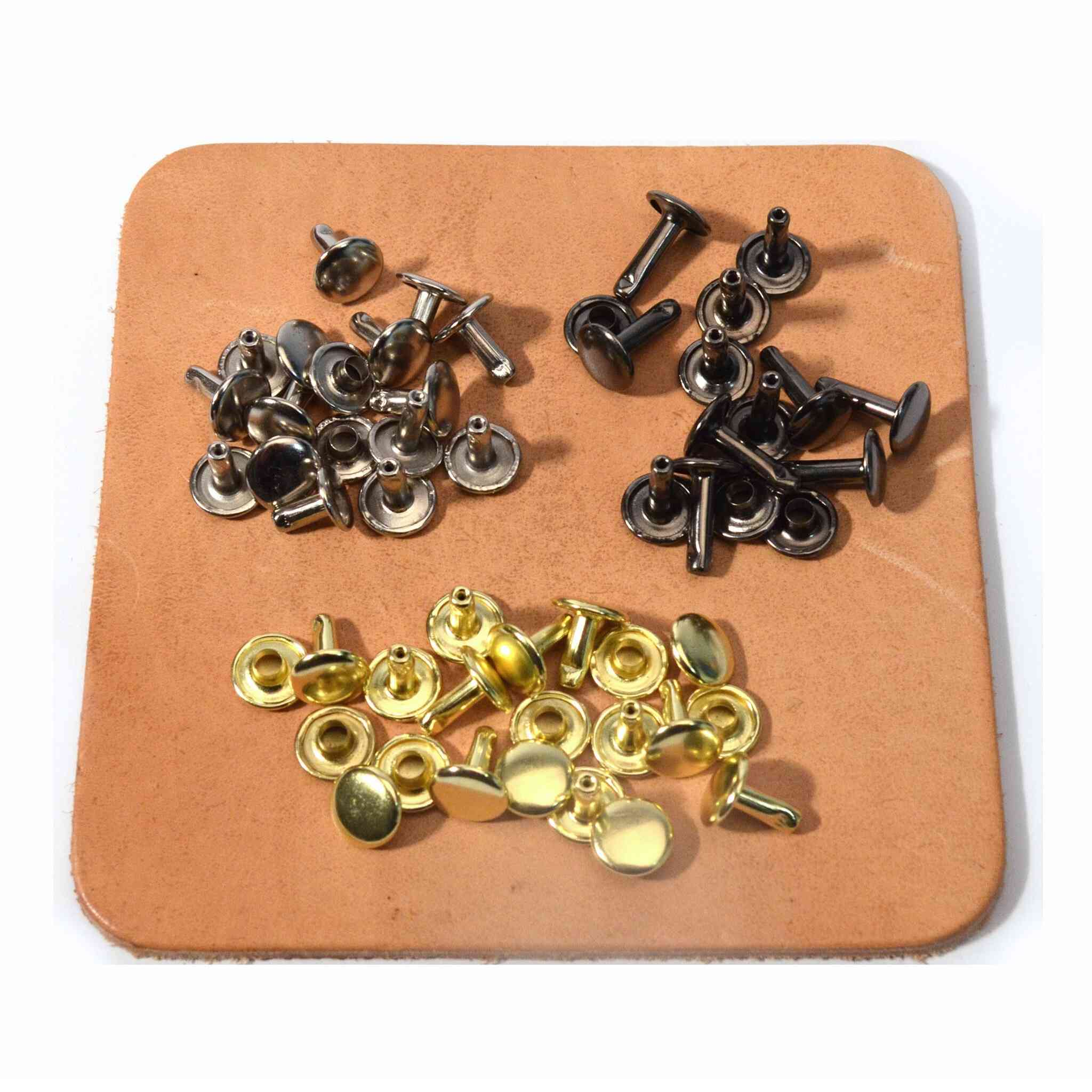 Steel double capped rivets for leathercraft, easy to set to give a permanent fixing for leathers, in a choice of metal finishes, ideal for leather repairs