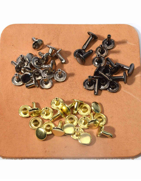 Steel double capped rivets for leathercraft, easy to set to give a permanent fixing for leathers, in a choice of metal finishes, ideal for leather repairs