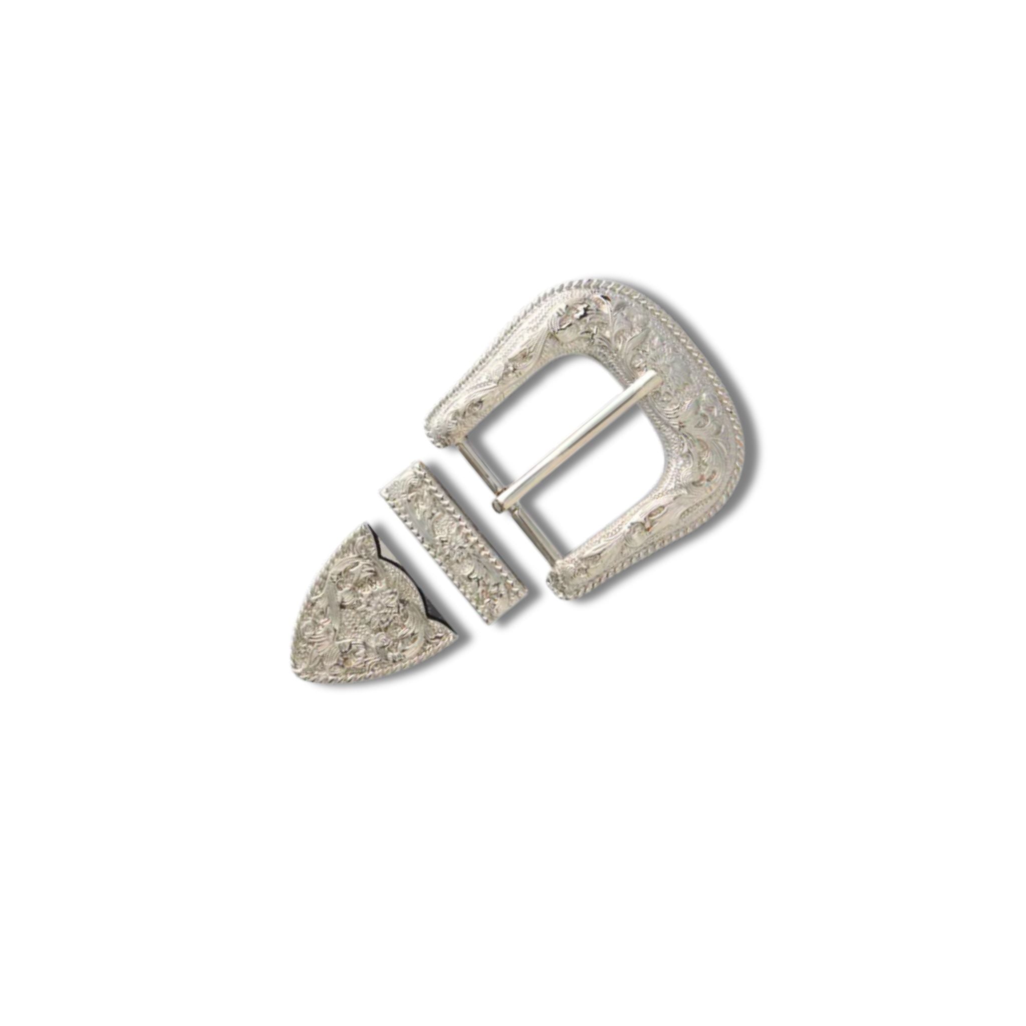 Floral engraved buckle, keeper and belt tip set to fit belt width 38mm (1 1/2"). Hand polished shiny silver plate with elaborate floral for Western style belts, line dancing