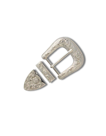 Floral engraved buckle, keeper and belt tip set to fit belt width 38mm (1 1/2"). Hand polished shiny silver plate with elaborate floral for Western style belts, line dancing