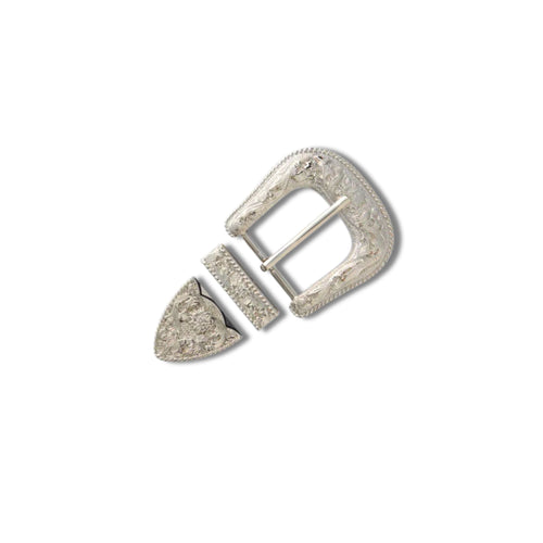 Load image into Gallery viewer, Floral engraved buckle, keeper and belt tip set to fit belt width 38mm (1 1/2"). Hand polished shiny silver plate with elaborate floral for Western style belts, line dancing
