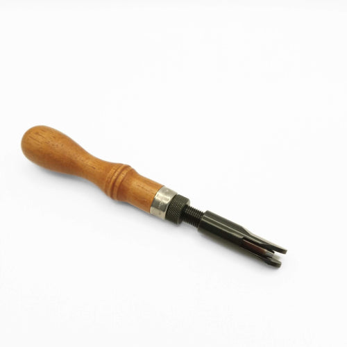 Load image into Gallery viewer, Wood handle adjustable &#39;u&#39; shaped gouge.  For use with thicker and heavier weights of vegetable tanned leather this hand tool is ideal for gouging out deep channels to make room for the leather to fold over and in eg making boxes/cases from leather, or setting creases and folds in satchels and bag making.
