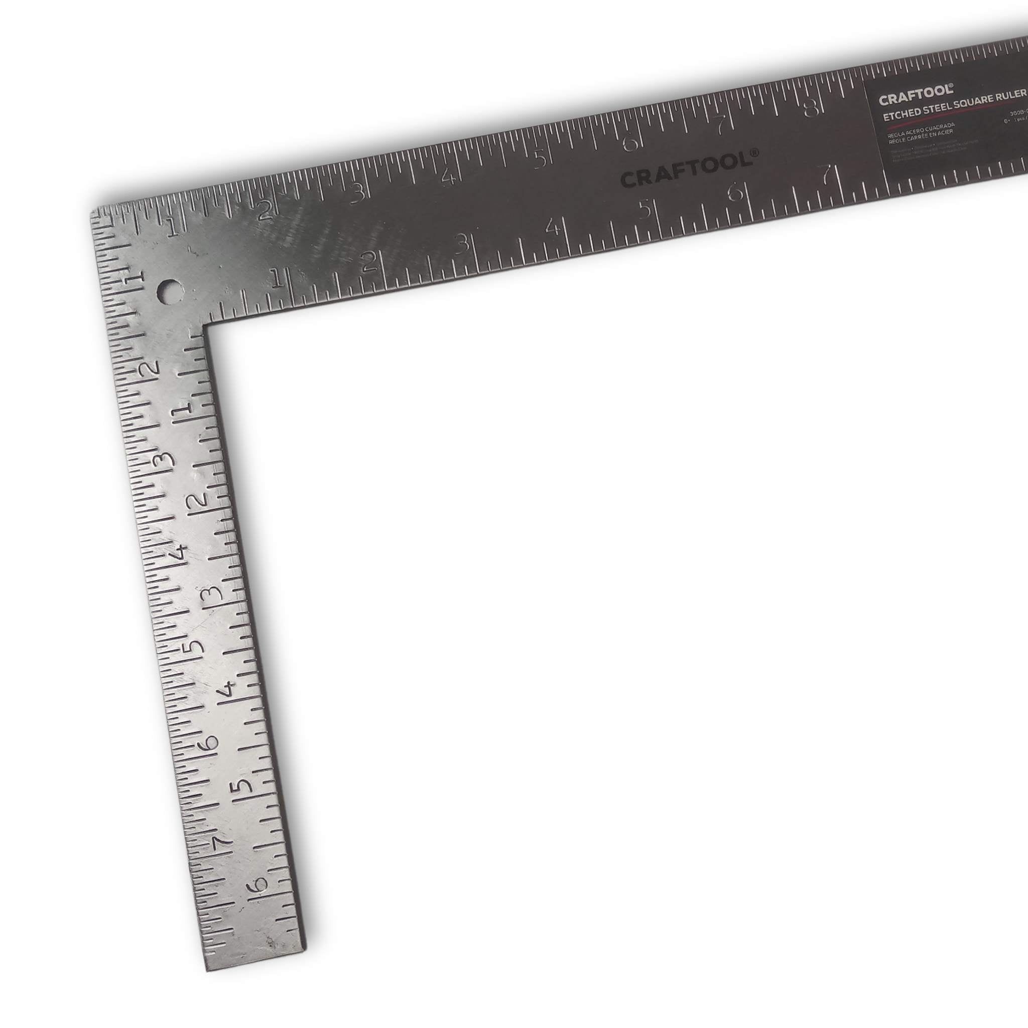 Engraved tempered steel ruler to aid with cutting right angled corners and square and rectangle cuts
