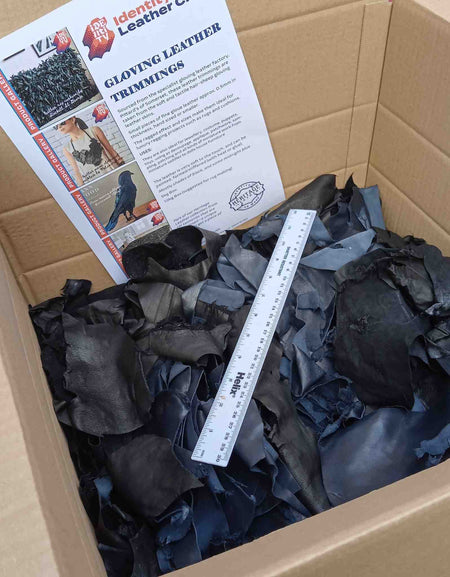 Large box of soft fine gloving leather trimmings ideal for leather rag rugs, cushions, jewellery making, costume, toys, applique - bargain buy