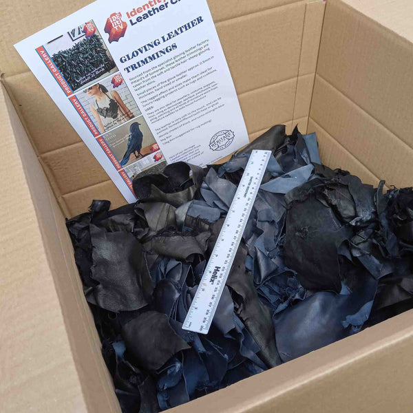 Large box of soft fine gloving leather trimmings ideal for leather rag rugs, cushions, jewellery making, costume, toys, applique - bargain buy