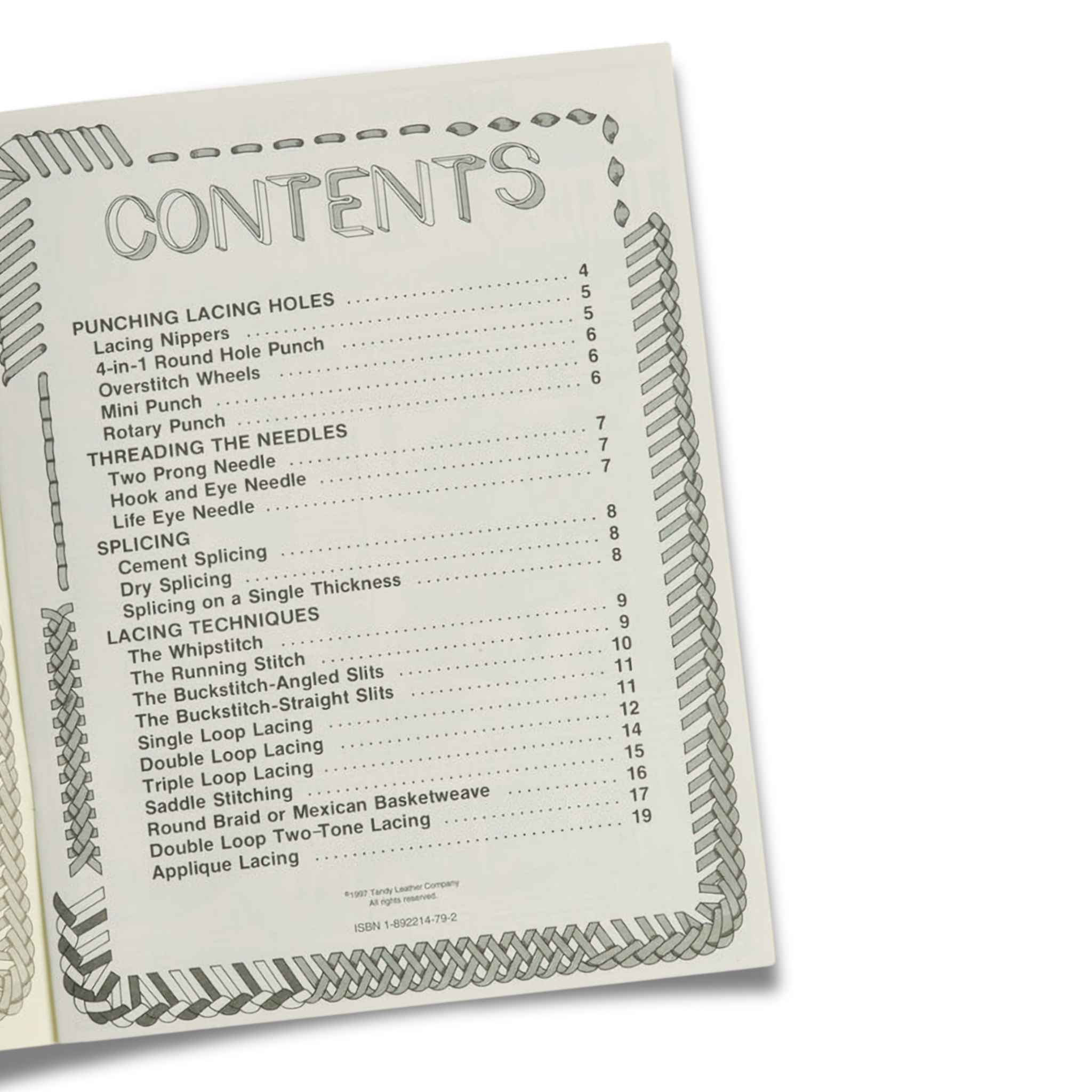 Table of contents page from a book  manual on leather lace-making techniques.