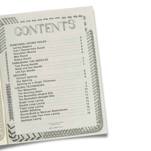 Load image into Gallery viewer, Table of contents page from a book  manual on leather lace-making techniques.
