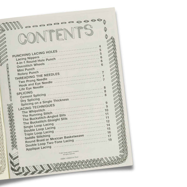 Table of contents page from a book  manual on leather lace-making techniques.