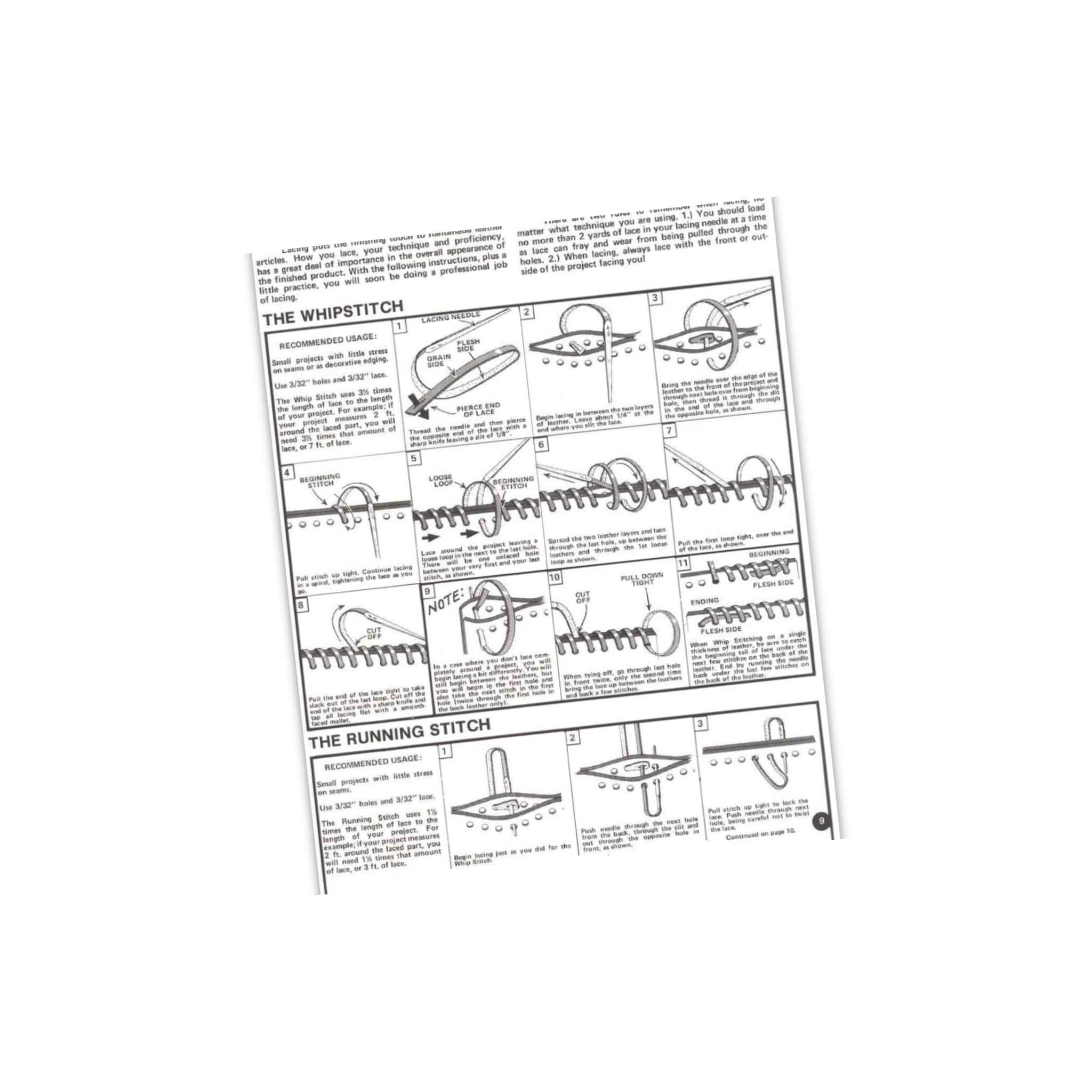 Sample page from the Lacing and Stitching book for leathercraft showing how to whipstitch - clear illustration step by step value book