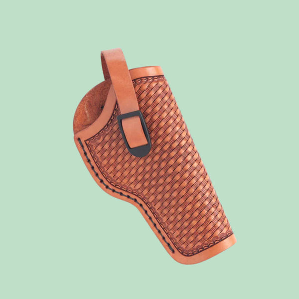 Make your own customised leather cowboy holster, shoulder rig and accessories with this paper pattern template, for Western riding, cos-play, costume, film TV - shows sample of holster with basketweave stamping