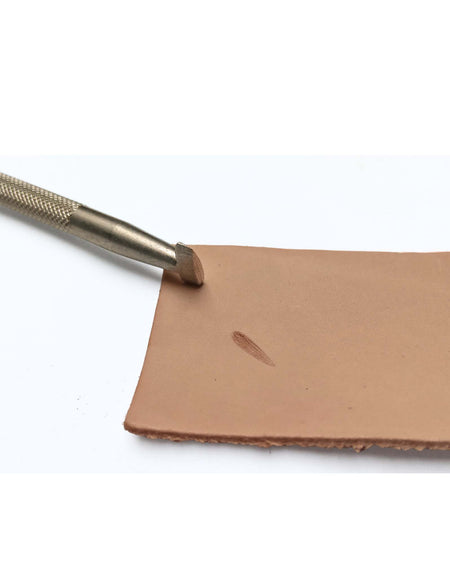 A narrow lined pear shaped stamp for creating depth and shadow. when stamped into vegetable tanned leather, for leathercraft tooling and carving