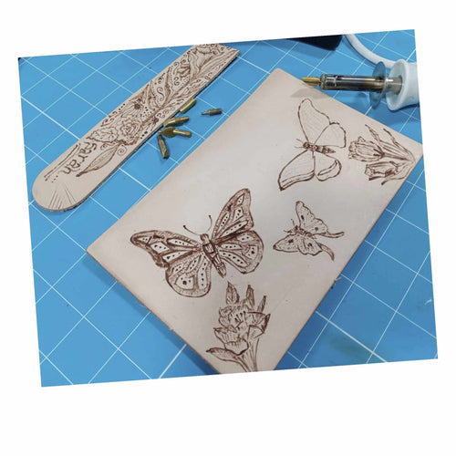 Load image into Gallery viewer, Example of butterflies craftaid used with pyrography
