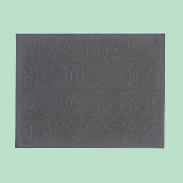 Embossing sheet for transferring patterns to vegetable tanned leather - Gothic style alphabet lettering - stylised outlines that can be decorated with score lines, swivel knife cuts and craftools.