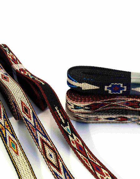 Decorative woven hitched style webbing with native american motifs ideal for hatbands, bag and clothing trim, from Identity Leathercraft