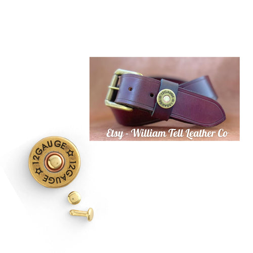 Load image into Gallery viewer, Add some custom detail to your leather belts,  as the pictured belt shows from William Tell Leather Co - Shotgun 12 gauge shell metal concho disc in brass and copper finish. Easy to fix
