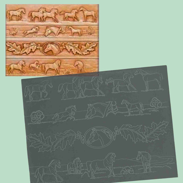 Embossing sheet for transferring patterns to vegetable tanned leather - Horses and Leaves - 3 designs for 1 1/4", 1 1/2", 1 3/4" belt widths. Can also be used for harness, or straps for bags.