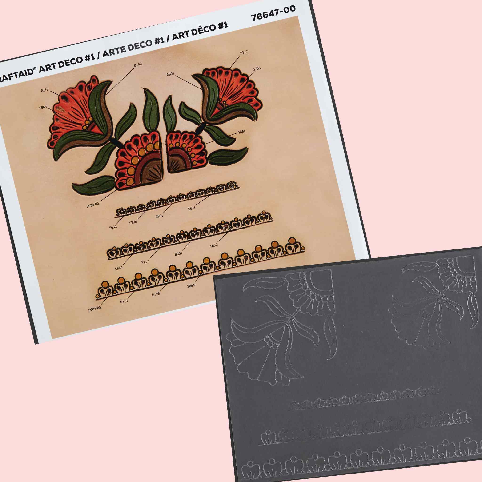 Acrylic raised template to transfer patterns and designs in to vegetable tanned leather for leather carving - Art Deco floral designs