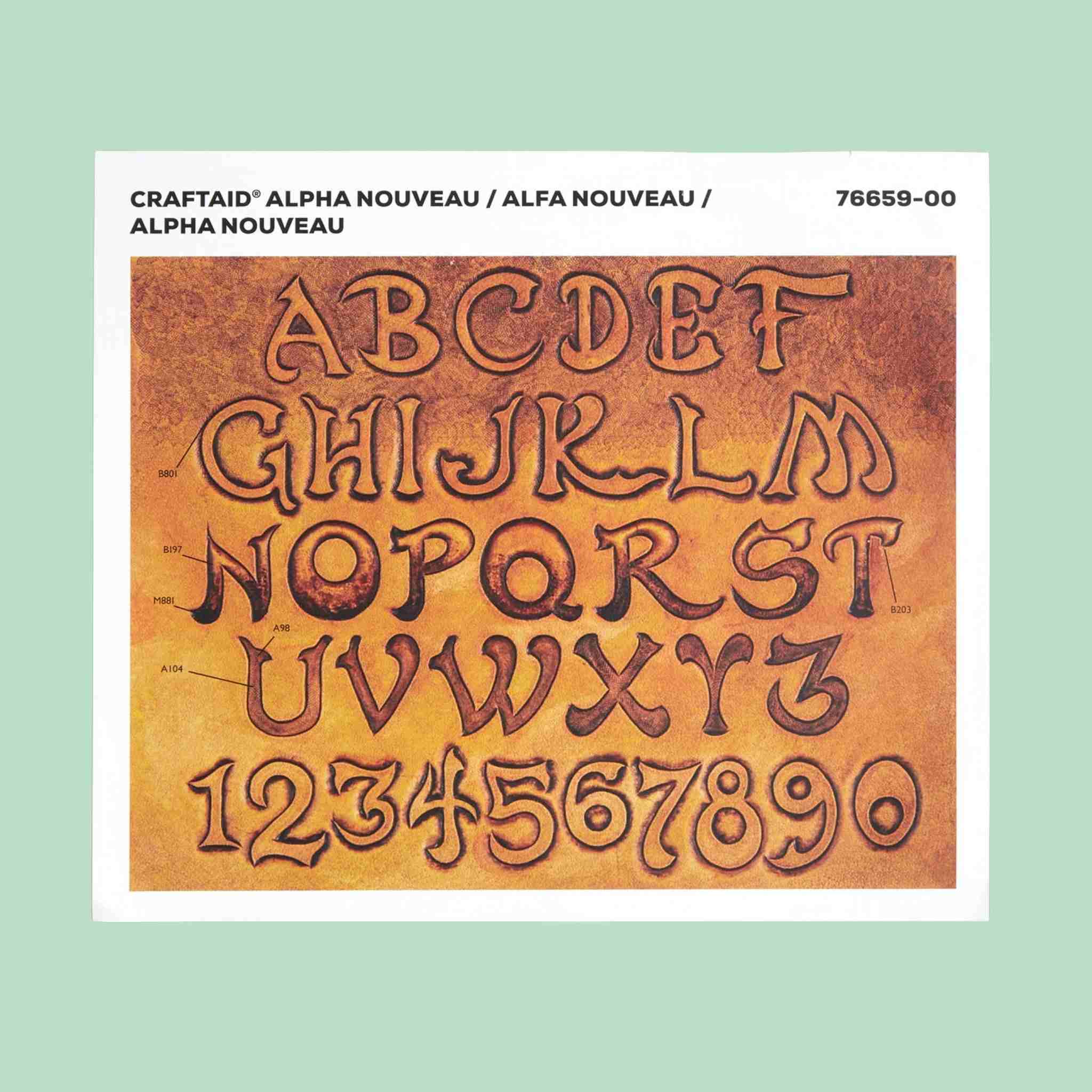 Embossing sheet for transferring patterns to vegetable tanned leather - Nouveau font style alphabet lettering - stylised outlines that can be decorated with score lines, swivel knife cuts and craftools.