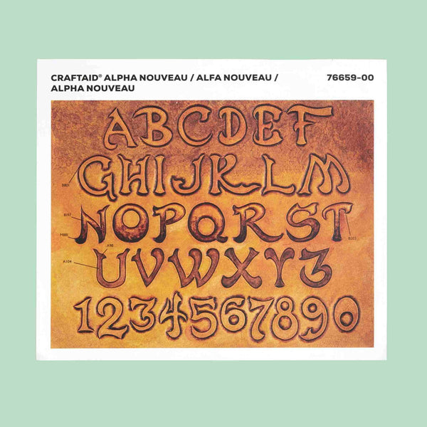Embossing sheet for transferring patterns to vegetable tanned leather - Nouveau font style alphabet lettering - stylised outlines that can be decorated with score lines, swivel knife cuts and craftools.