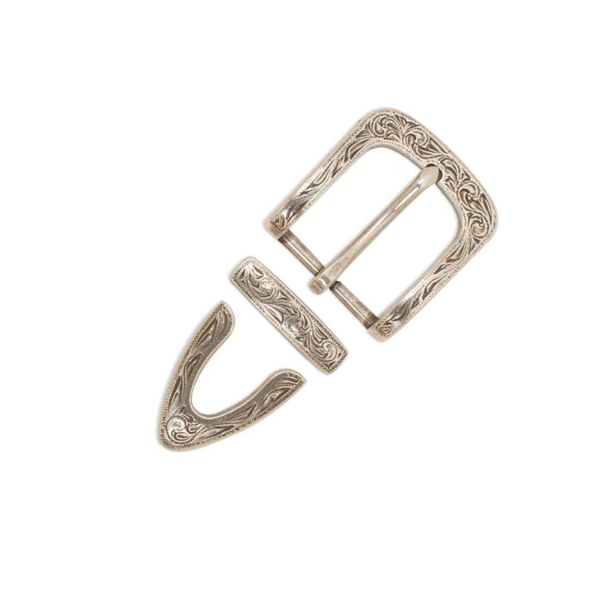 Laramie squared off floral engraved buckle, keeper and belt tip for western style belts and straps for 32mm wide leather