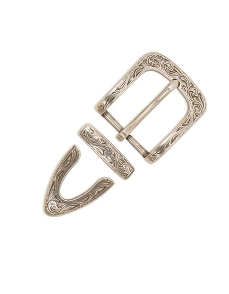 Laramie squared off floral engraved buckle, keeper and belt tip for western style belts and straps for 32mm wide leather