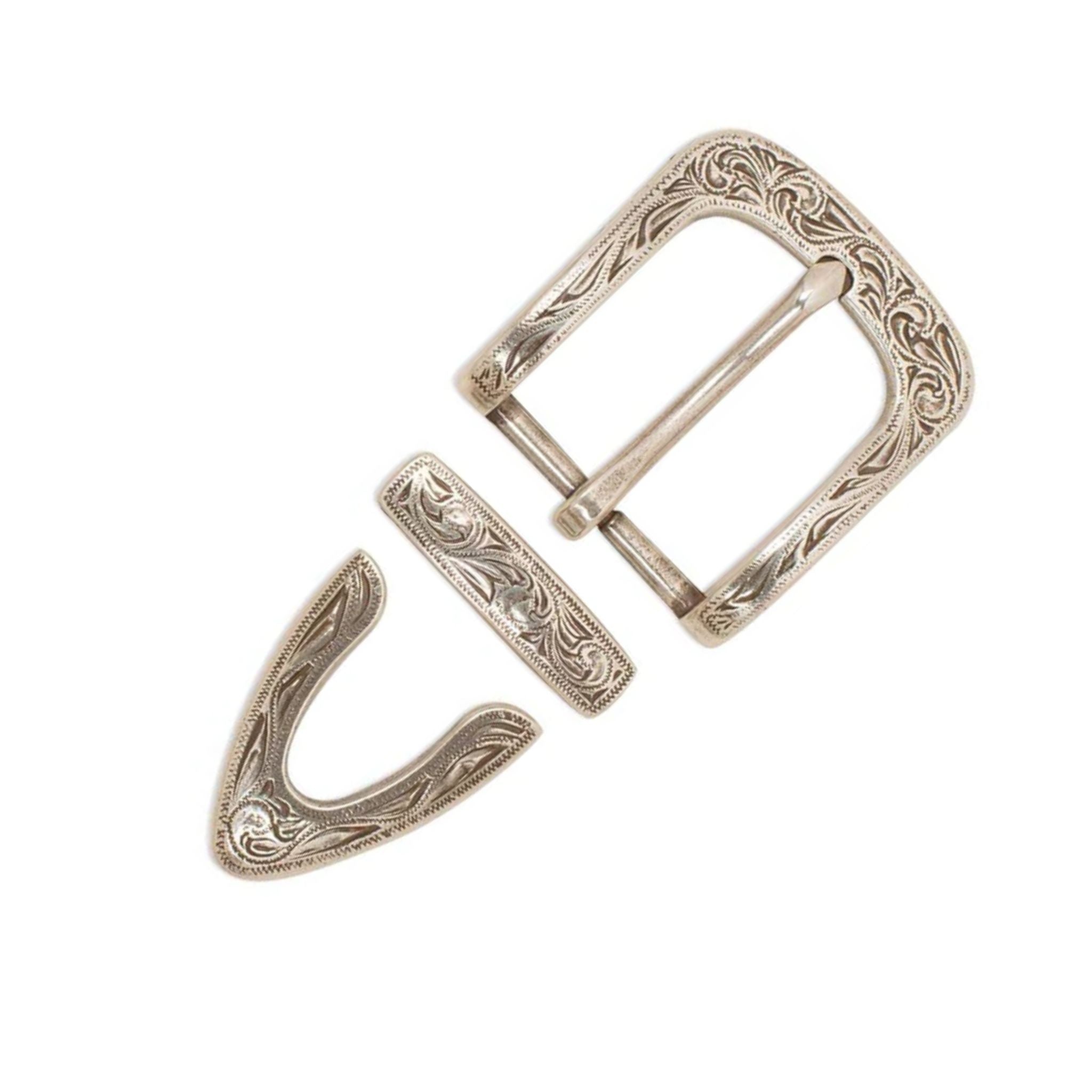 38mm 1 1/2 Laramie squared off floral engraved buckle, keeper and belt tip for western style belts and straps.
