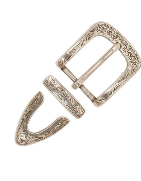 38mm 1 1/2 Laramie squared off floral engraved buckle, keeper and belt tip for western style belts and straps.