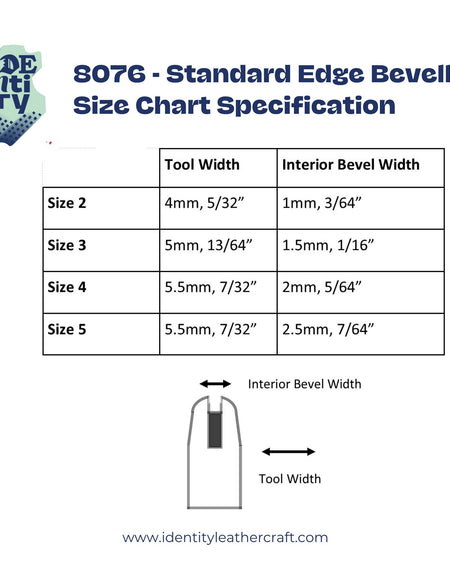Size Chart to show the measurements of the interior bevel for Identity Leathercraft Edge Bevellers