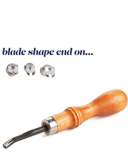 Keen edge beveller for trimming leather belt and strap edges prior to slicking.