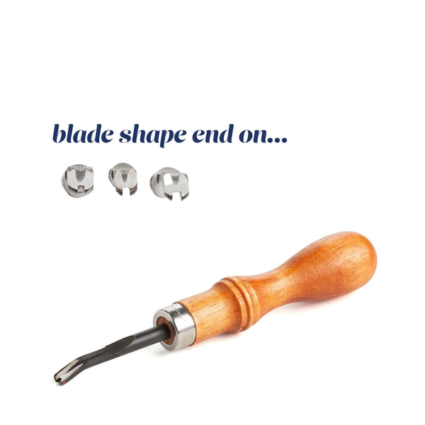 Keen edge beveller for trimming leather belt and strap edges prior to slicking.