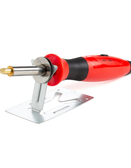 Heated tool with assortment of tips for pyrography, the art of burning and etching into leather or wood.

Use to create art or customise your leather projects with initials, names or messages.