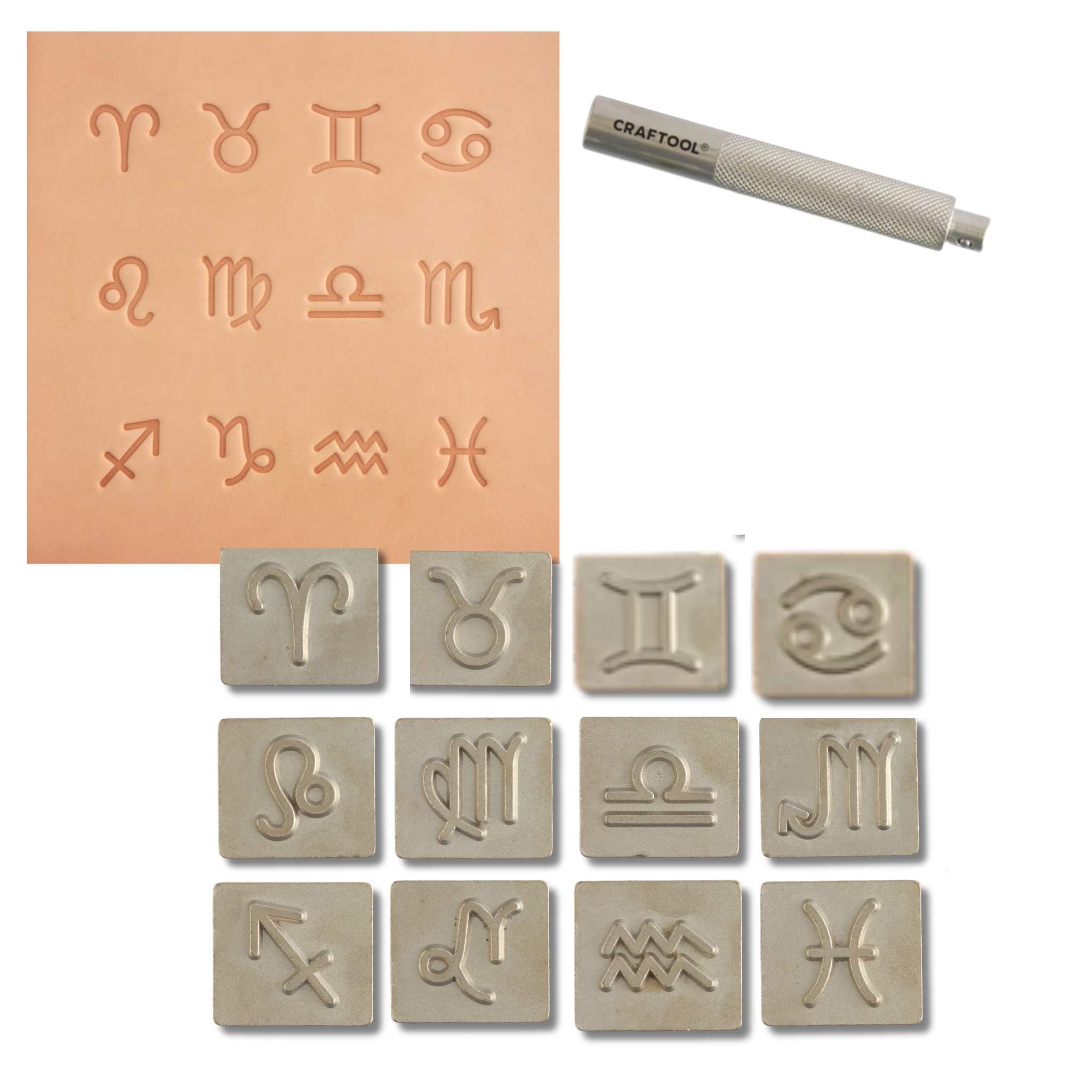 12 Zodiac symbols 3D stamps with stamping handle included.
