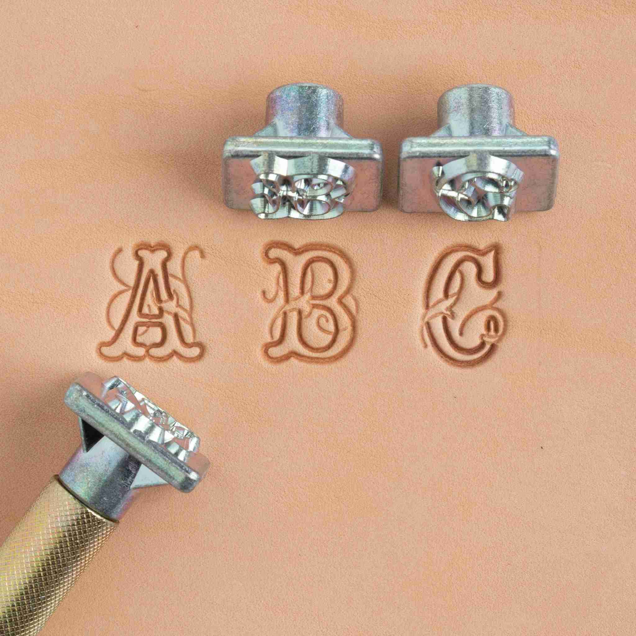 Letter Script, medieval, ornate style font alphabet set with stamping handle included for leathercraft embossing and customisation