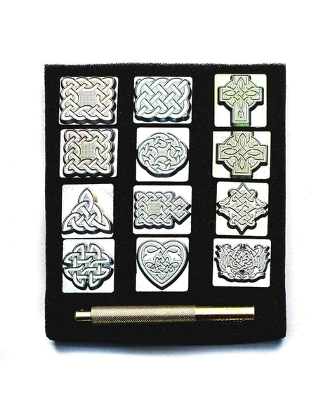 set of 12 celtic knotwork designs for stamping into vegetable tanned leather