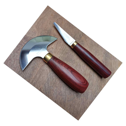 Load image into Gallery viewer, Al Stohlman set of leather knives - half moon head knife and trim knife gift set
