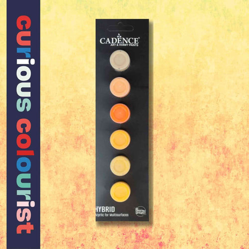 Load image into Gallery viewer, Shades of yellows  - Taster strip of 6 colours in small pots of hybrid waterproof acrylic paints suitable for leathercraft and other surfaces.
