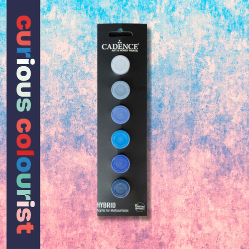 Load image into Gallery viewer, Shades of blues  - Taster strip of 6 colours in small pots of hybrid waterproof acrylic paints suitable for leathercraft and other surfaces.
