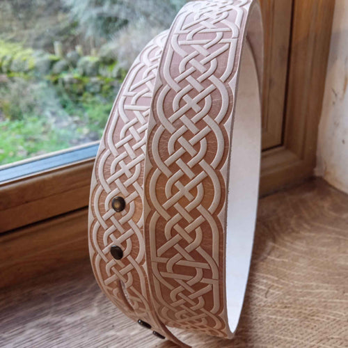 Load image into Gallery viewer, Custom make your own real leather belt with our embossed celtic knotwork belt blank - choose your buckle, trim , add holes to fit and colour to your choice.
